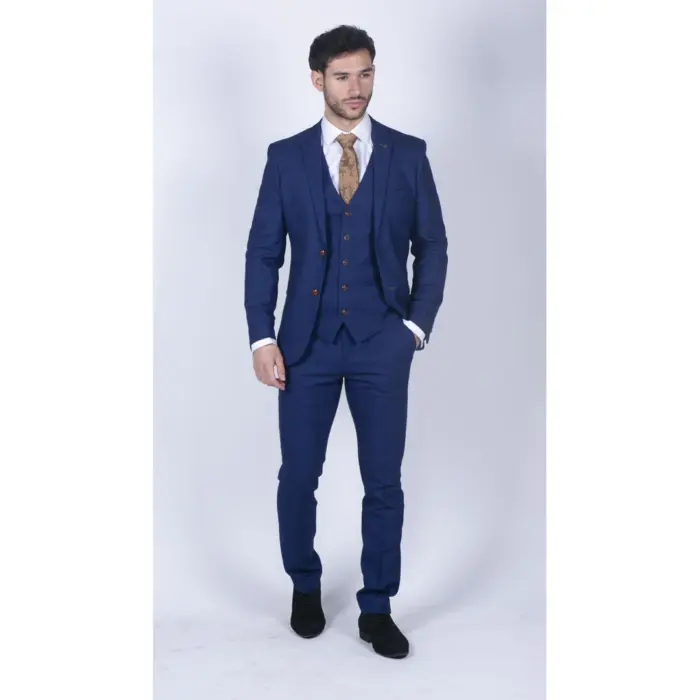 Mens Blue Brown Check 3 Piece Suit Tailored Fit Wedding Prom Races Prince Of Wales - Image 4