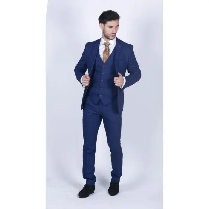 Mens Blue Brown Check 3 Piece Suit Tailored Fit Wedding Prom Races Prince Of Wales - Image 5