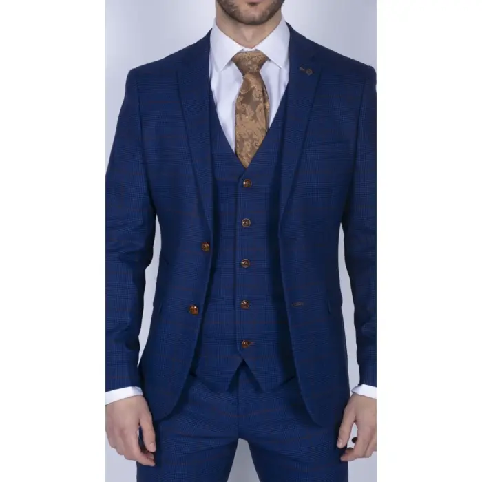 Mens Blue Brown Check 3 Piece Suit Tailored Fit Wedding Prom Races Prince Of Wales - Image 1