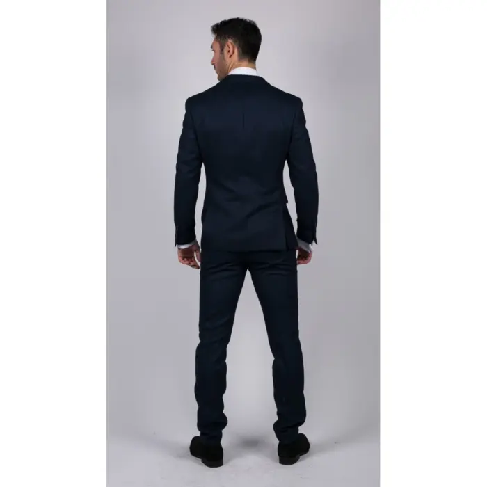 Mens Navy Blue 3 Piece Suit Birdseye Suit Wedding Prom Formal Smart Classic - Image 7