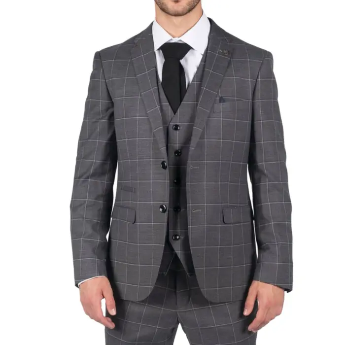 Mens Grey Check 3 Piece Suit Vintage Retro Smart Wedding Classic Tailored Fit Light - Image 1