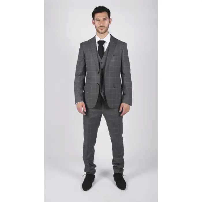 Mens Grey Check 3 Piece Suit Vintage Retro Smart Wedding Classic Tailored Fit Light - Image 2
