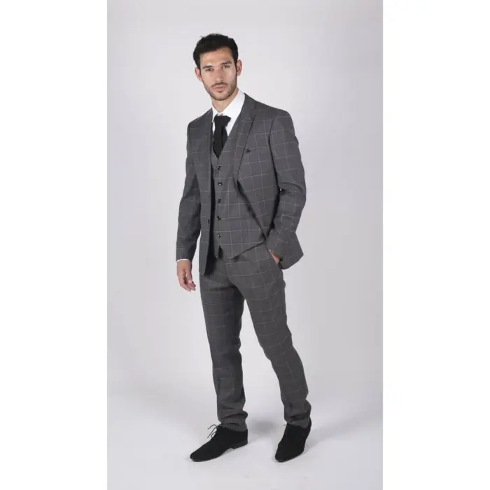Mens Grey Check 3 Piece Suit Vintage Retro Smart Wedding Classic Tailored Fit Light - Image 3