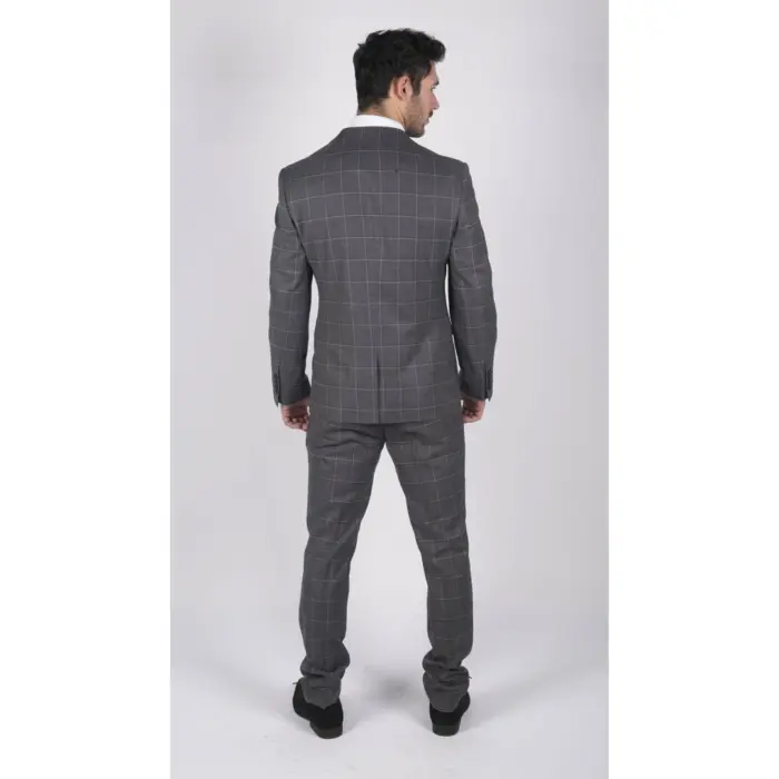 Mens Grey Check 3 Piece Suit Vintage Retro Smart Wedding Classic Tailored Fit Light - Image 7