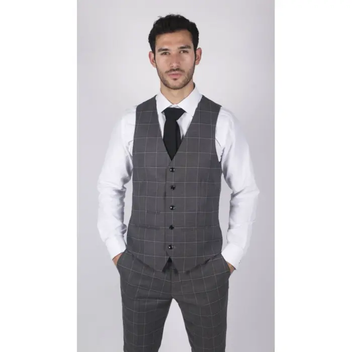 Mens Grey Check 3 Piece Suit Vintage Retro Smart Wedding Classic Tailored Fit Light - Image 4