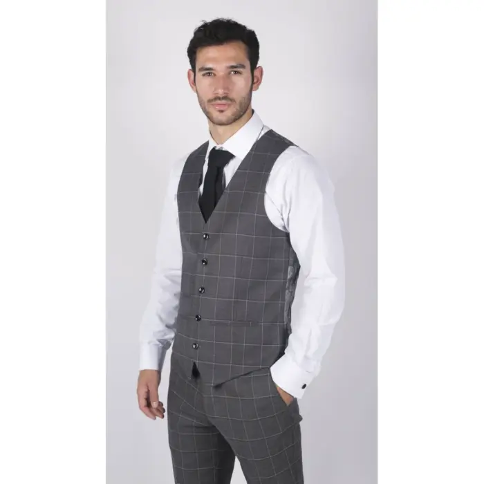 Mens Grey Check 3 Piece Suit Vintage Retro Smart Wedding Classic Tailored Fit Light - Image 5