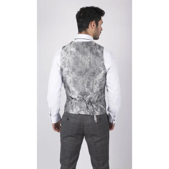 Mens Grey Check 3 Piece Suit Vintage Retro Smart Wedding Classic Tailored Fit Light - Image 6