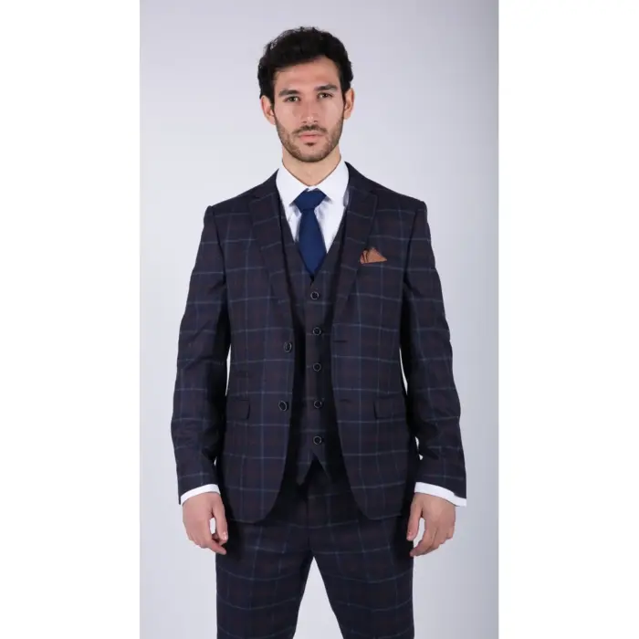 Mens 3 Piece Blue Suit Herringbone Tweed Check Tailored Fit 1920s Wedding Prom - Image 1
