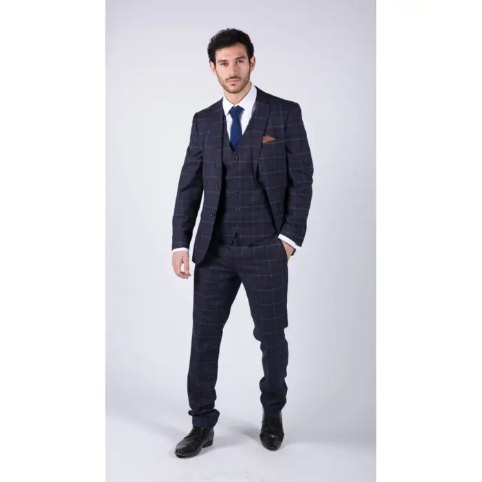 Mens 3 Piece Blue Suit Herringbone Tweed Check Tailored Fit 1920s Wedding Prom - Image 4