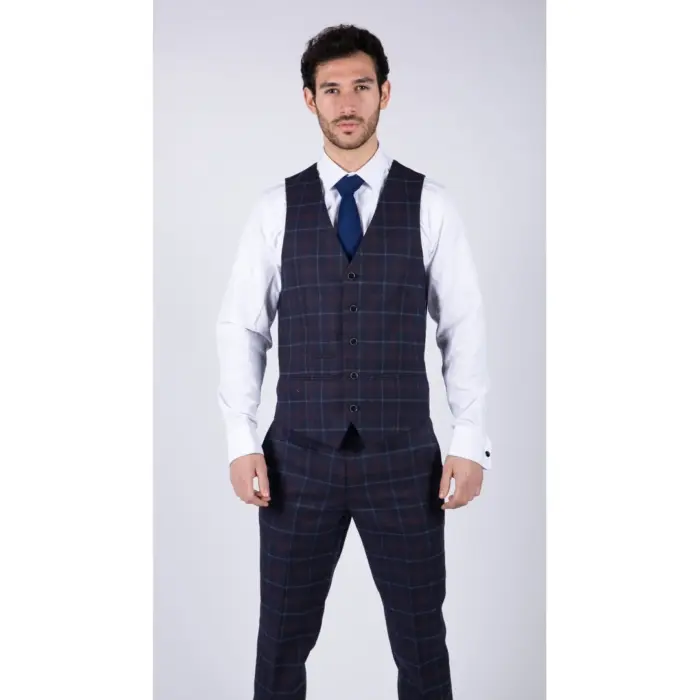 Mens 3 Piece Blue Suit Herringbone Tweed Check Tailored Fit 1920s Wedding Prom - Image 5