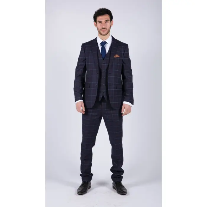 Mens 3 Piece Blue Suit Herringbone Tweed Check Tailored Fit 1920s Wedding Prom - Image 2