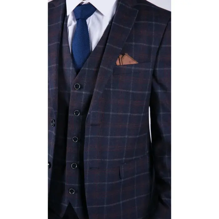 Mens 3 Piece Blue Suit Herringbone Tweed Check Tailored Fit 1920s Wedding Prom - Image 7