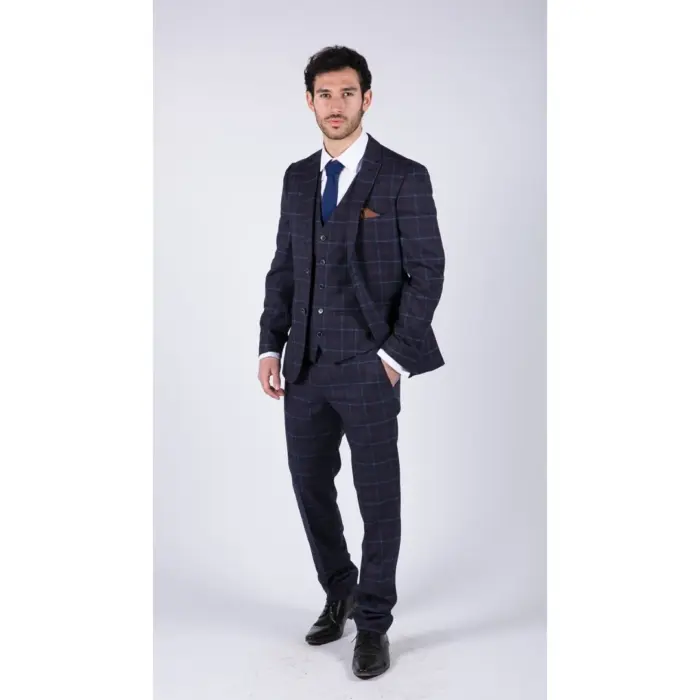 Mens 3 Piece Blue Suit Herringbone Tweed Check Tailored Fit 1920s Wedding Prom - Image 3