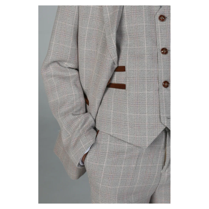 Boys Beige 3 Piece Checked Suit - Image 3