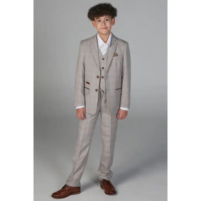 Boys Beige 3 Piece Checked Suit - Image 2