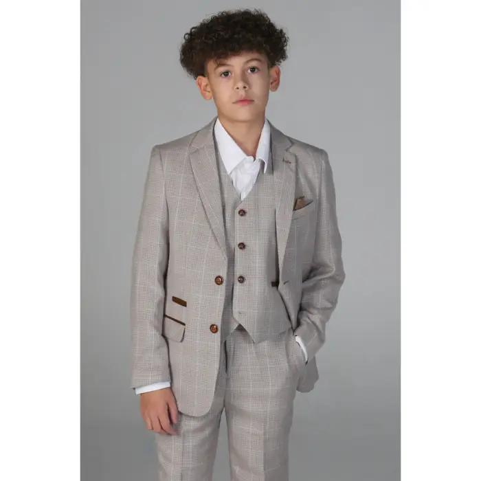 Boys Beige 3 Piece Checked Suit - Image 1