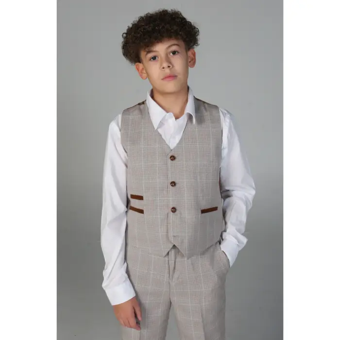 Boys Beige 3 Piece Checked Suit - Image 5