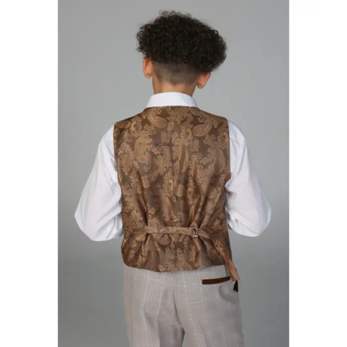 Boys Beige 3 Piece Checked Suit - Image 6