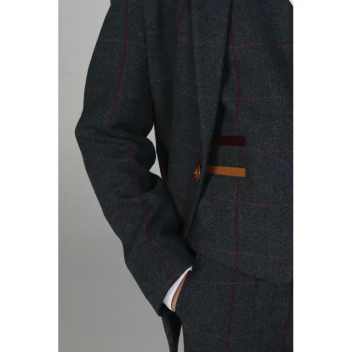 Boys 3 Piece Navy Tweed Check Suit - Image 3