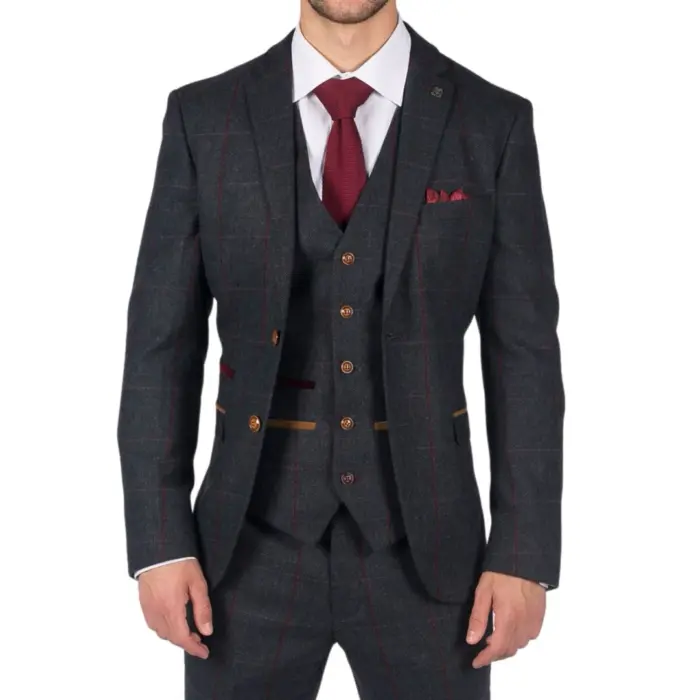 Mens Herringbone Tweed 3 Piece Navy Red Check Suit Vintage 1920s Tailored Fit - Image 1