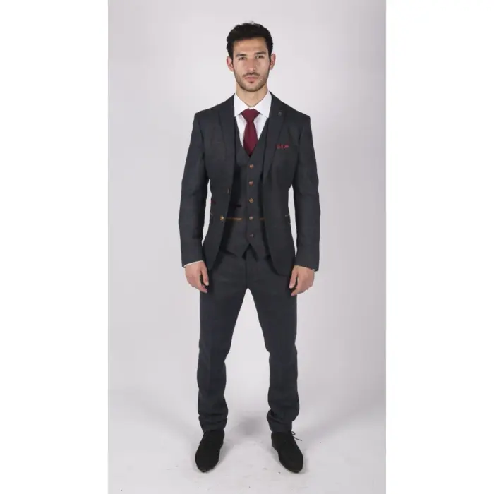 Mens Herringbone Tweed 3 Piece Navy Red Check Suit Vintage 1920s Tailored Fit - Image 2