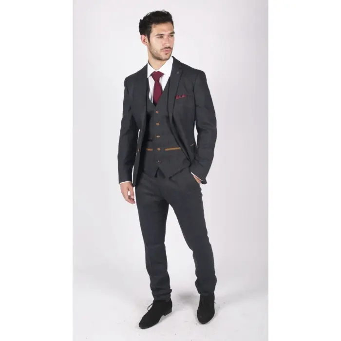 Mens Herringbone Tweed 3 Piece Navy Red Check Suit Vintage 1920s Tailored Fit - Image 3