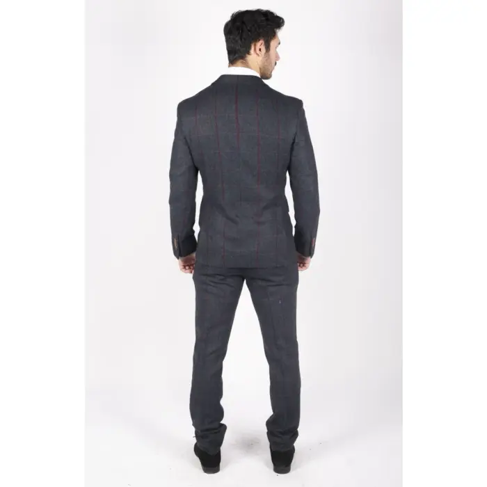 Mens Herringbone Tweed 3 Piece Navy Red Check Suit Vintage 1920s Tailored Fit - Image 7