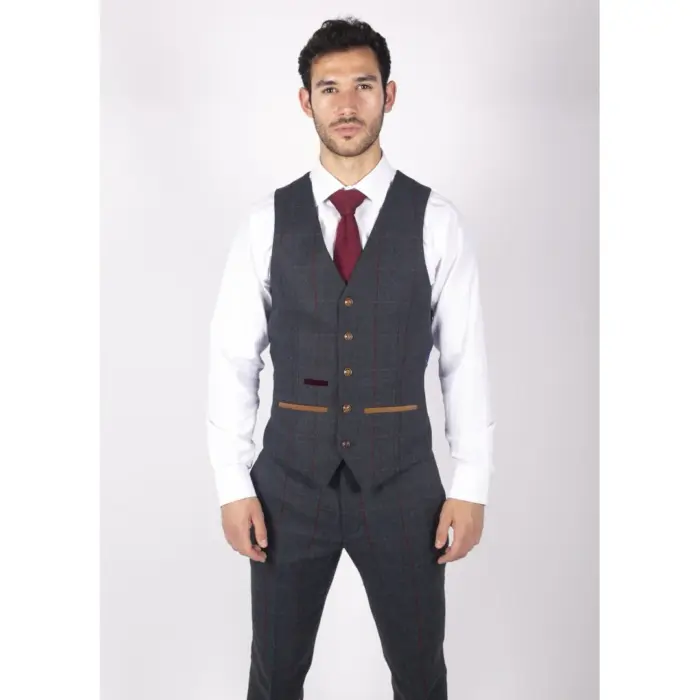 Mens Herringbone Tweed 3 Piece Navy Red Check Suit Vintage 1920s Tailored Fit - Image 4