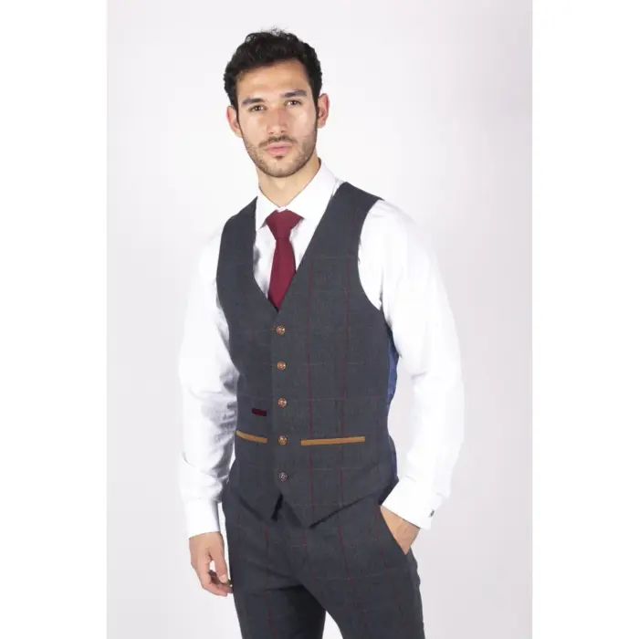 Mens Herringbone Tweed 3 Piece Navy Red Check Suit Vintage 1920s Tailored Fit - Image 5