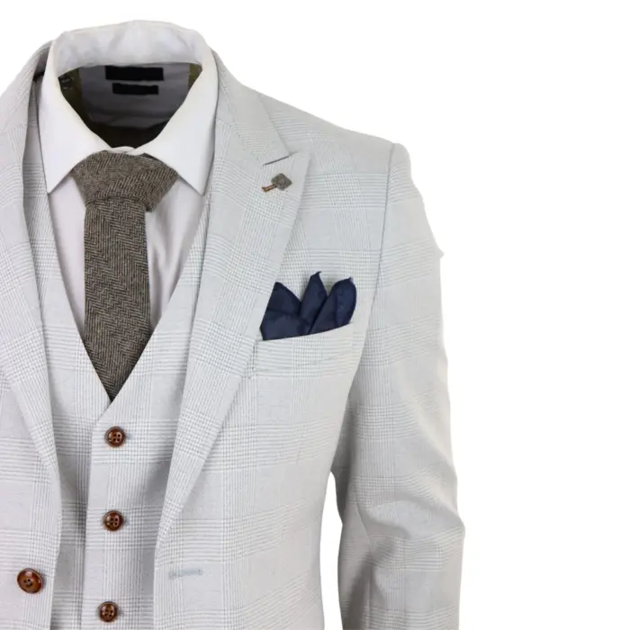 Mens Grey Stone 3 Piece Tweed Check Suit Wedding Prom Tailored Fit Brown Trim - Image 4