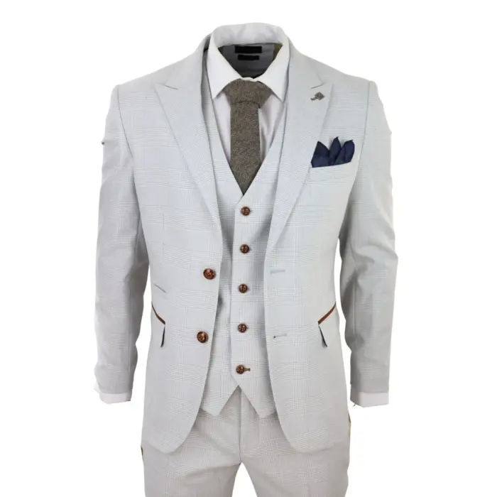 Mens Grey Stone 3 Piece Tweed Check Suit Wedding Prom Tailored Fit Brown Trim - Image 1
