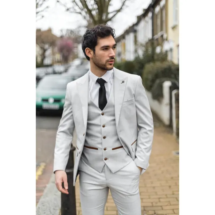 Mens Grey Stone 3 Piece Tweed Check Suit Wedding Prom Tailored Fit Brown Trim - Image 2