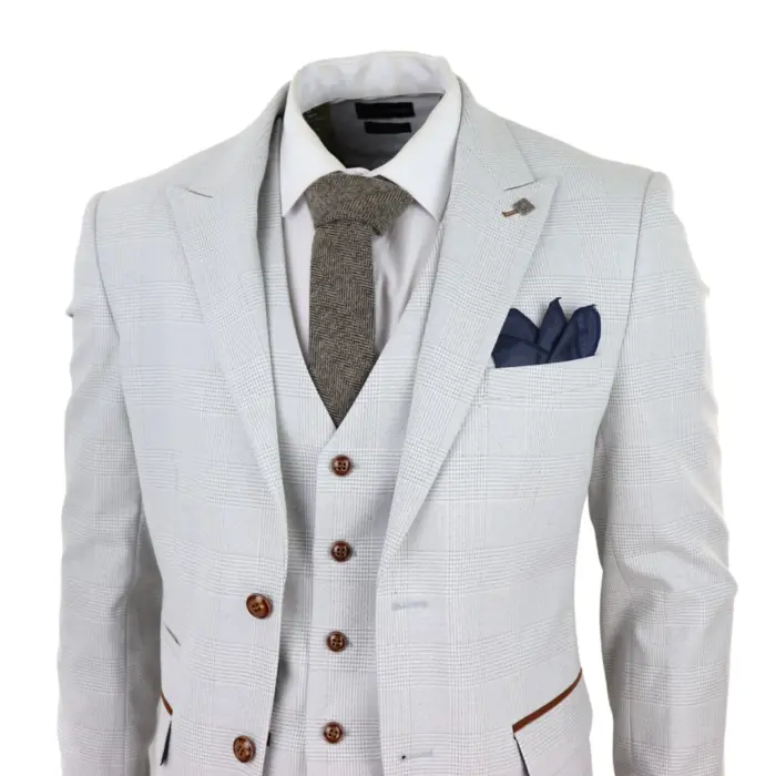 Mens Grey Stone 3 Piece Tweed Check Suit Wedding Prom Tailored Fit Brown Trim - Image 5