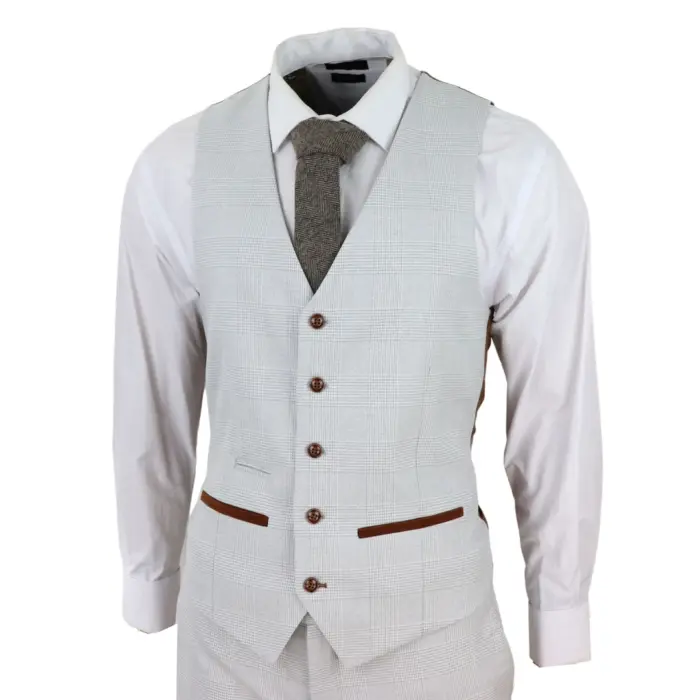 Mens Grey Stone 3 Piece Tweed Check Suit Wedding Prom Tailored Fit Brown Trim - Image 6