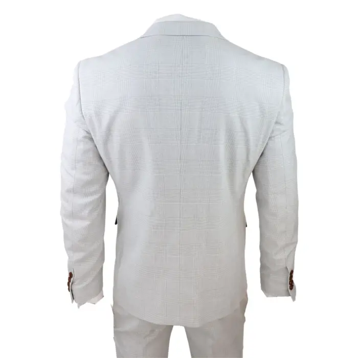 Mens Grey Stone 3 Piece Tweed Check Suit Wedding Prom Tailored Fit Brown Trim - Image 7