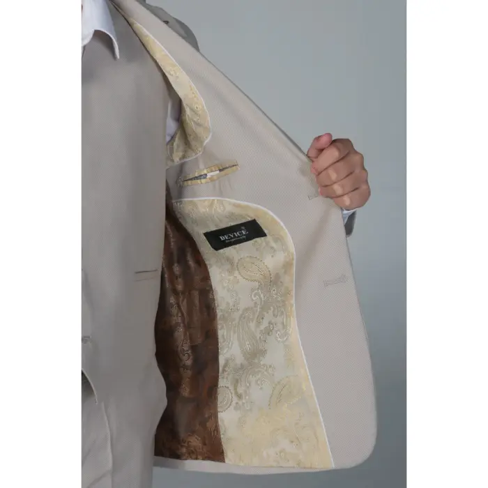 Boys 3 Piece Beige Suit Classic Birdseye Wedding - Image 3