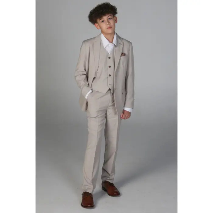 Boys 3 Piece Beige Suit Classic Birdseye Wedding - Image 2