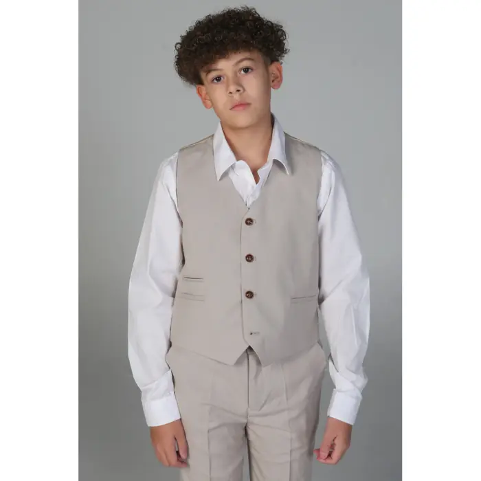 Boys 3 Piece Beige Suit Classic Birdseye Wedding - Image 4