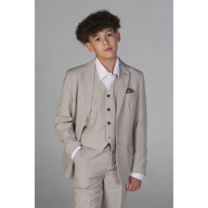 Boys 3 Piece Beige Suit Classic Birdseye Wedding - Image 1