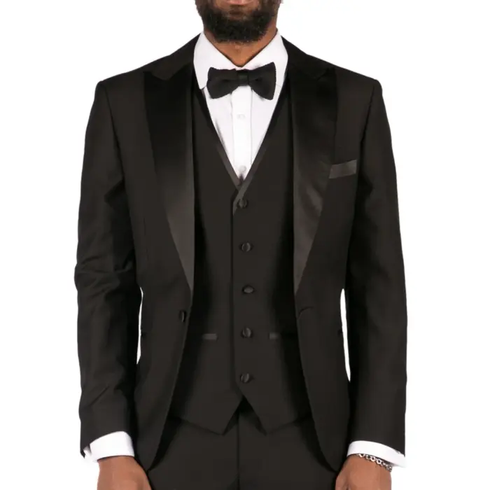 Mens 3 Piece Black Classic Satin Tuxedo Dinner Suit Tailored Fit Wedding Prom - Image 1
