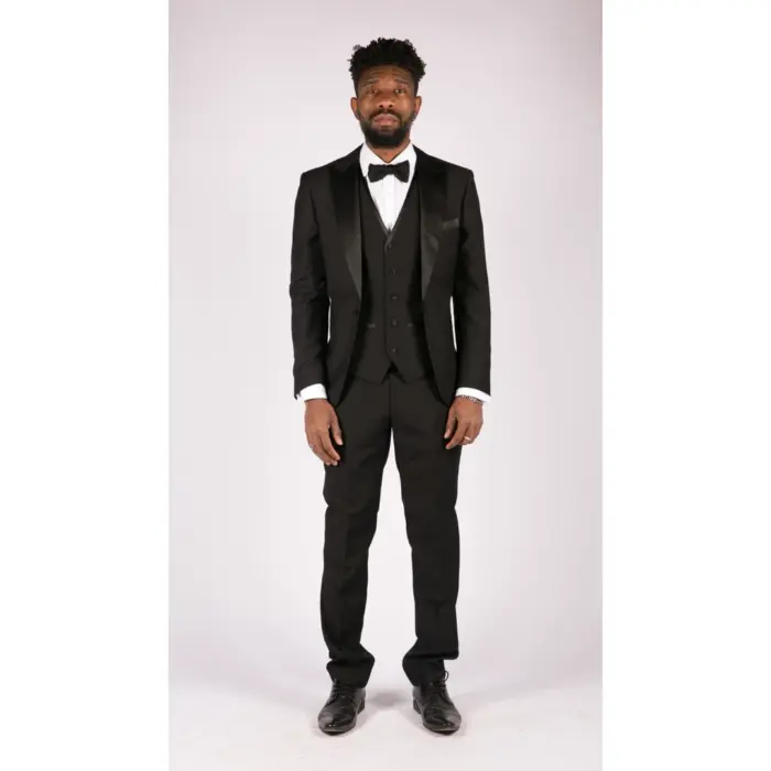 Mens 3 Piece Black Classic Satin Tuxedo Dinner Suit Tailored Fit Wedding Prom - Image 2