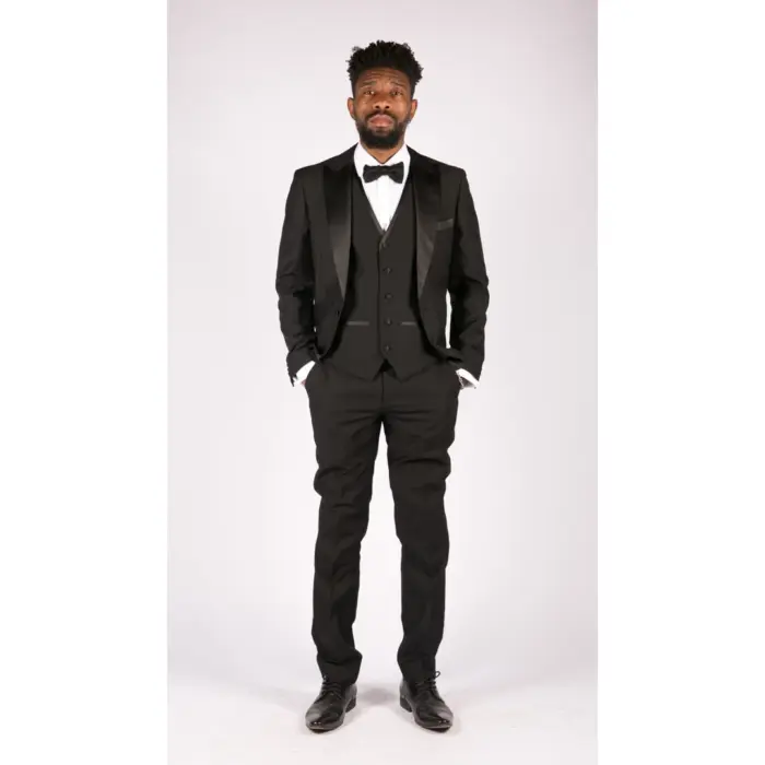 Mens 3 Piece Black Classic Satin Tuxedo Dinner Suit Tailored Fit Wedding Prom - Image 3