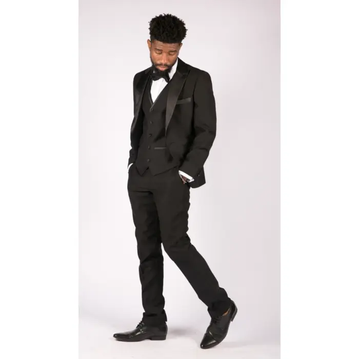Mens 3 Piece Black Classic Satin Tuxedo Dinner Suit Tailored Fit Wedding Prom - Image 4