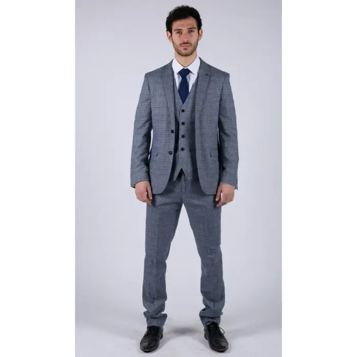Mens Blue 3 Piece Suit Vintage Navy Tan Check Tailored Fit Classic Gatsby 1920s - Image 3