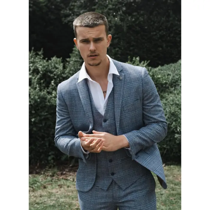 Mens Blue 3 Piece Suit Vintage Navy Tan Check Tailored Fit Classic Gatsby 1920s - Image 2
