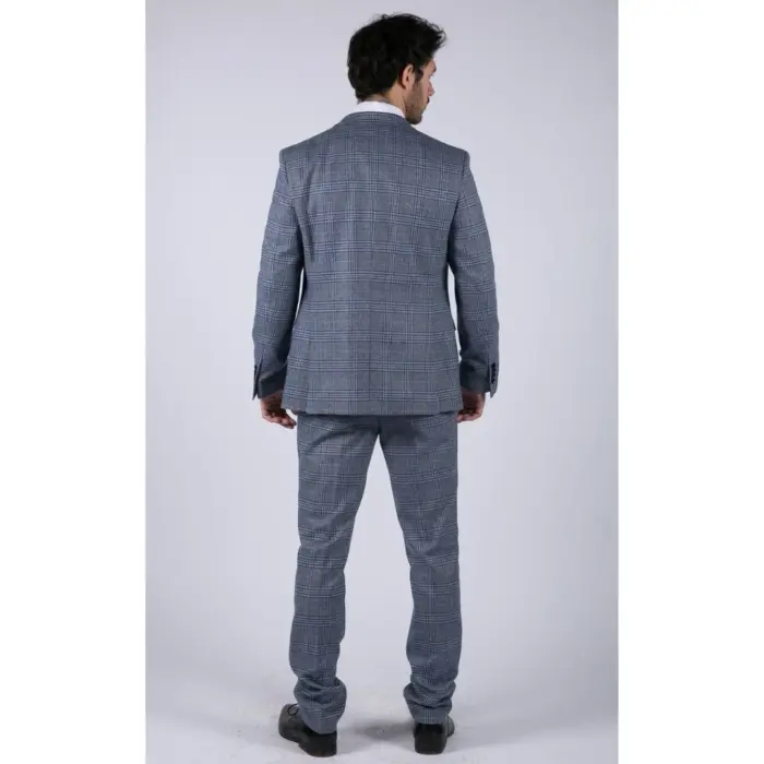 Mens Blue 3 Piece Suit Vintage Navy Tan Check Tailored Fit Classic Gatsby 1920s - Image 9