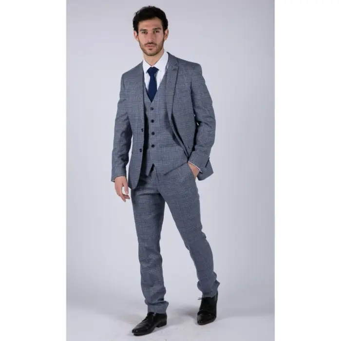 Mens Blue 3 Piece Suit Vintage Navy Tan Check Tailored Fit Classic Gatsby 1920s - Image 4