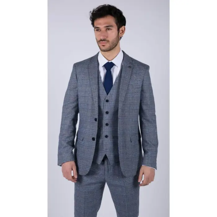 Mens Blue 3 Piece Suit Vintage Navy Tan Check Tailored Fit Classic Gatsby 1920s - Image 5