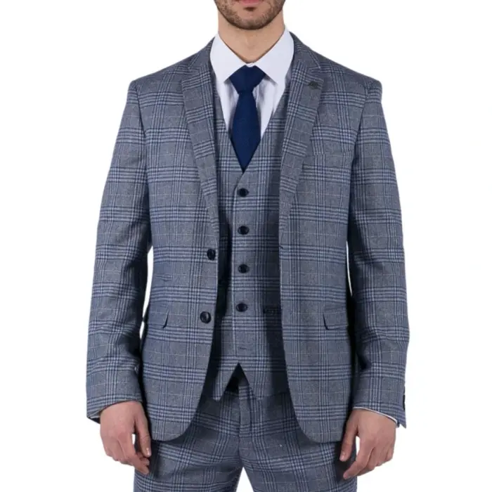 Mens Blue 3 Piece Suit Vintage Navy Tan Check Tailored Fit Classic Gatsby 1920s - Image 1