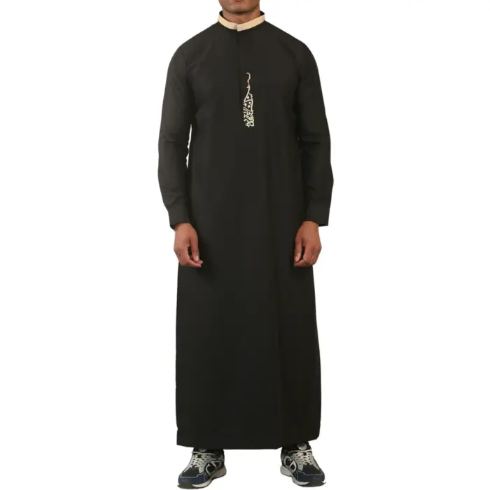 Men's Thobe Jubba Nehru Round Collar Islamic Clothing Muslim Kaftan Embroidery Eid Robe Saudi - Image 1
